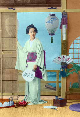 tarjeta postal con geisha