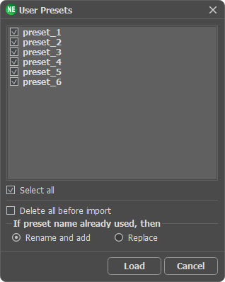 Choosing Presets to Import